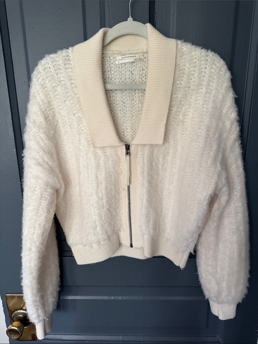 Anthropologie Cream Textured Fuzzy Zip Cardigan